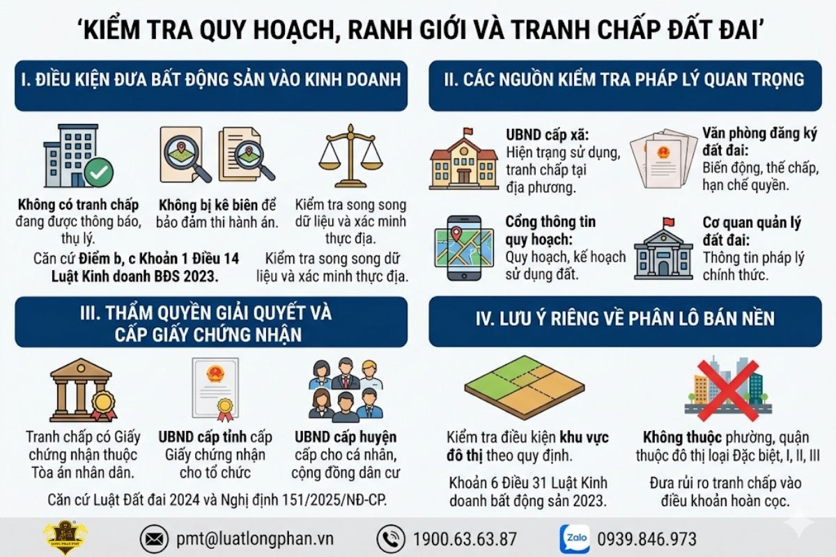 Kiểm tra quy hoạch và tình trạng tranh chấp ranh giới đất đai.