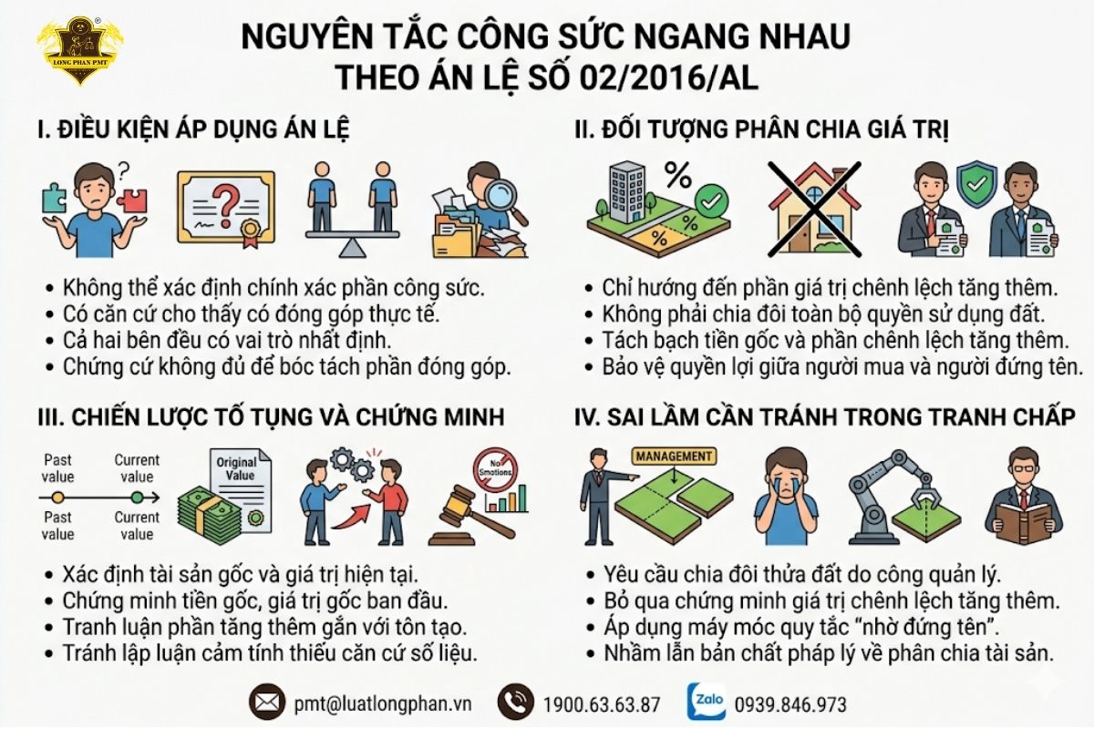 Áp dụng nguyên tắc công sức ngang nhau theo Án lệ số 02/2016/AL cho phần giá trị tăng thêm.