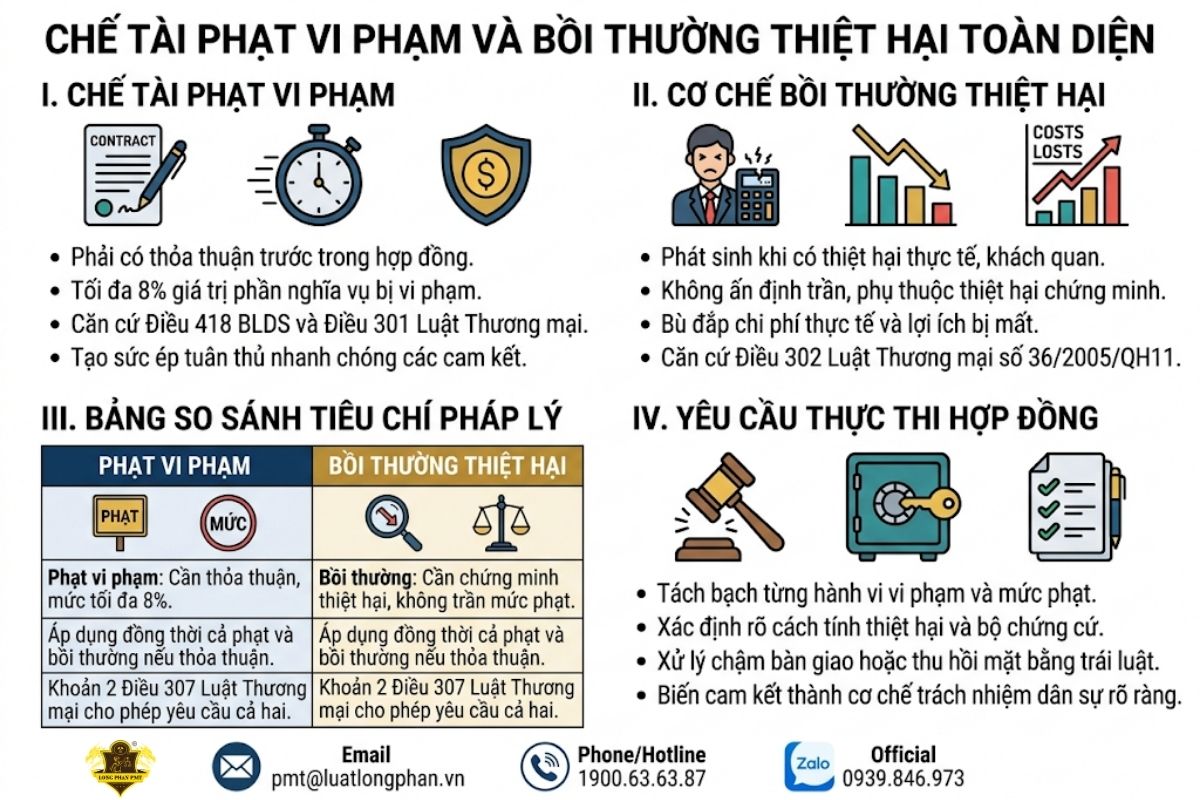 Phân biệt chế tài phạt vi phạm và cơ chế bồi thường thiệt hại trong hợp đồng thuê.