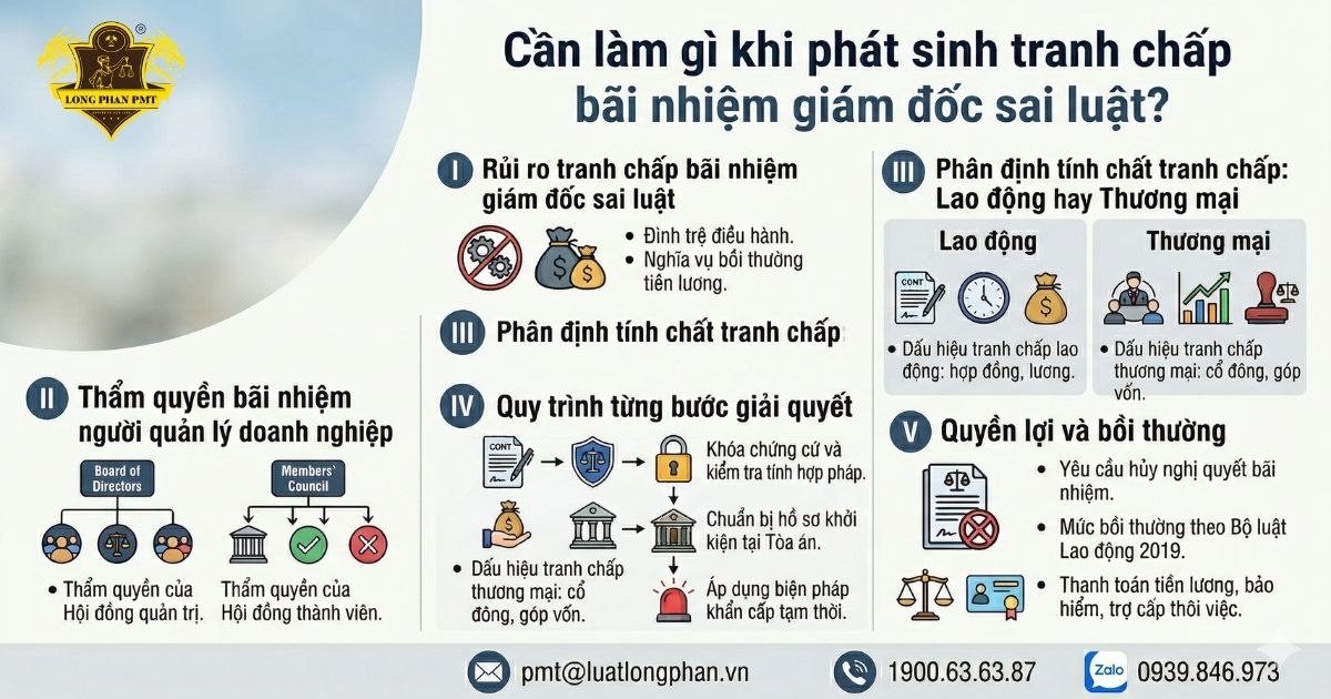 Sơ đồ chi tiết quy trình giải quyết tranh chấp bãi nhiệm giám đốc sai luật tại doanh nghiệp.