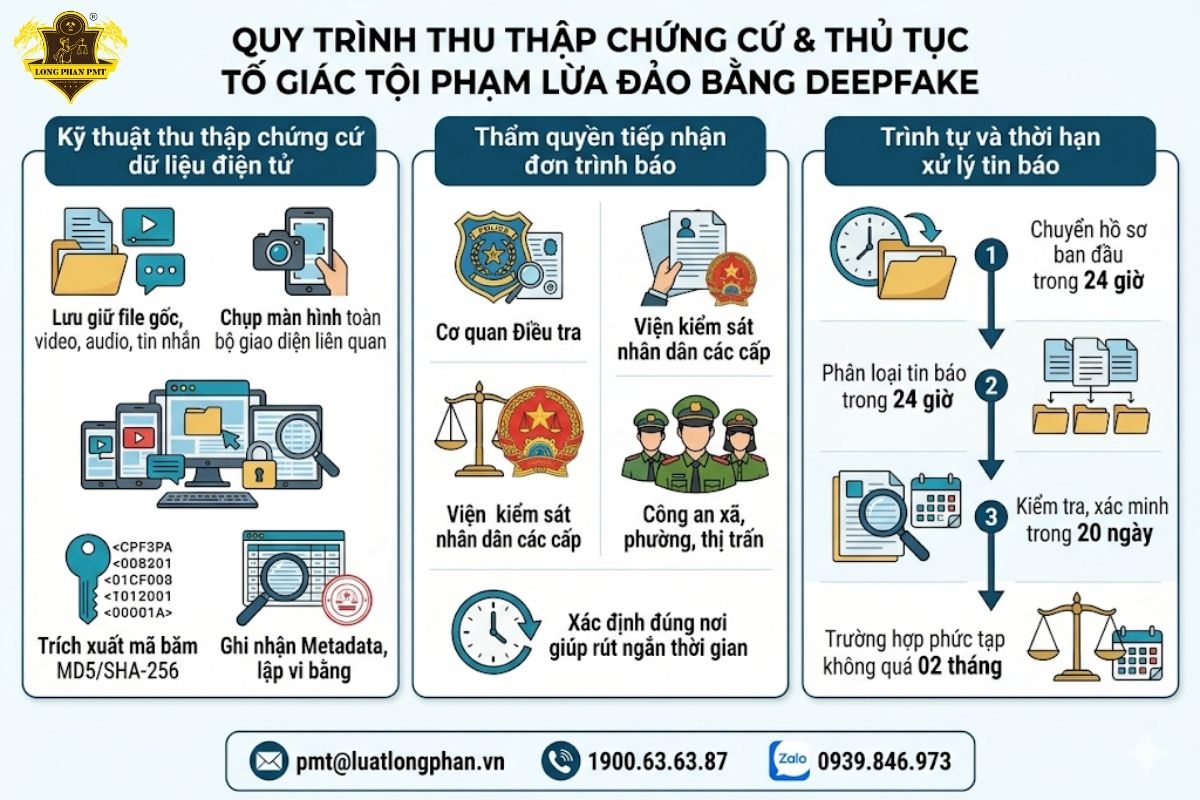 Sơ đồ quy trình thu thập chứng cứ điện tử và thủ tục tố giác hành vi lừa đảo sử dụng công nghệ Deepfake.