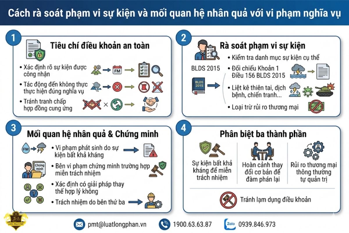 Sơ đồ hướng dẫn cách rà soát phạm vi sự kiện và mối quan hệ nhân quả đối với hành vi vi phạm nghĩa vụ hợp đồng.