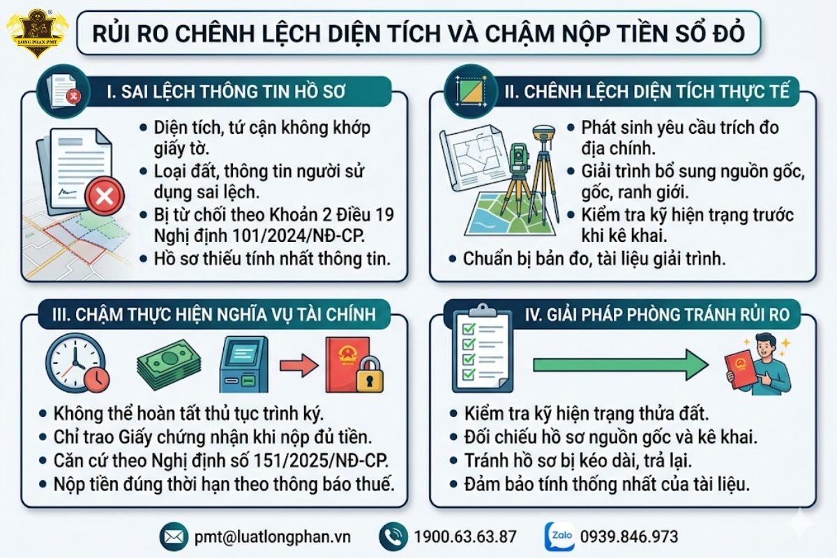 Xử lý chênh lệch diện tích thực tế và rủi ro chậm thực hiện nghĩa vụ tài chính sổ đỏ.