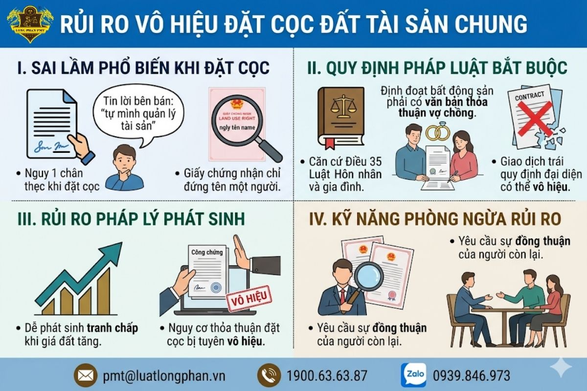 Phân tích rủi ro vô hiệu khi đặt cọc đất là tài sản chung vợ chồng.
