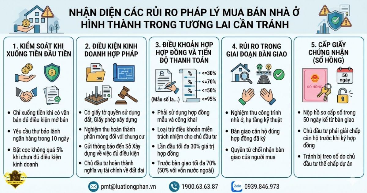 Bản đồ tư duy tóm tắt các rủi ro pháp lý mua bán nhà ở hình thành trong tương lai cần tránh.