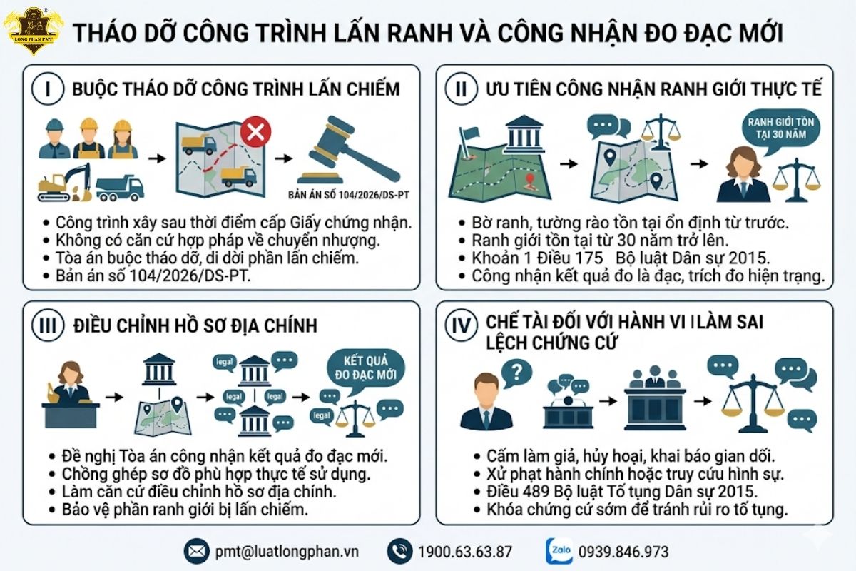 Quy định về việc buộc tháo dỡ công trình lấn ranh và công nhận kết quả đo đạc mới.