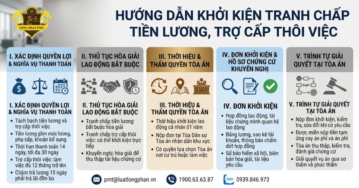 Quy trình hướng dẫn thủ tục khởi kiện giải quyết tranh chấp tiền lương, trợ cấp thôi việc tại Tòa án.