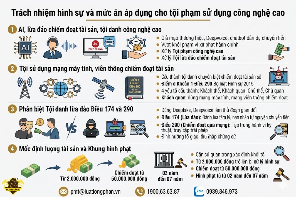Infographic chi tiết về trách nhiệm hình sự và mức án áp dụng cho tội phạm sử dụng công nghệ cao tại Việt Nam.