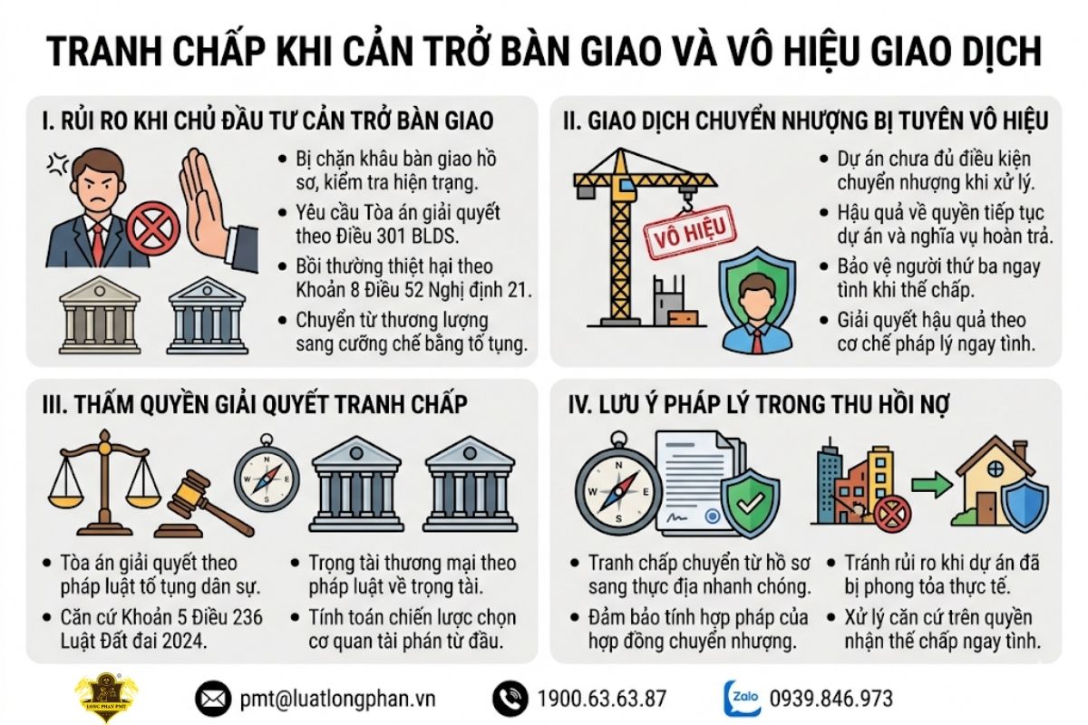 Các loại tranh chấp khi chủ đầu tư cản trở bàn giao hoặc giao dịch chuyển nhượng dự án vô hiệu.