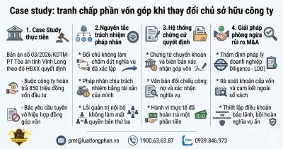 Đồ họa tóm tắt vụ việc tranh chấp phần vốn góp khi thay đổi chủ sở hữu công ty.