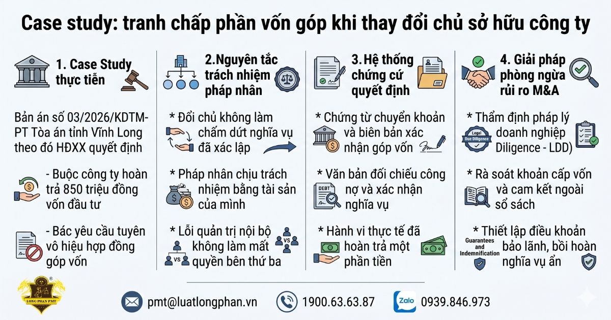 Đồ họa tóm tắt vụ việc tranh chấp phần vốn góp khi thay đổi chủ sở hữu công ty.