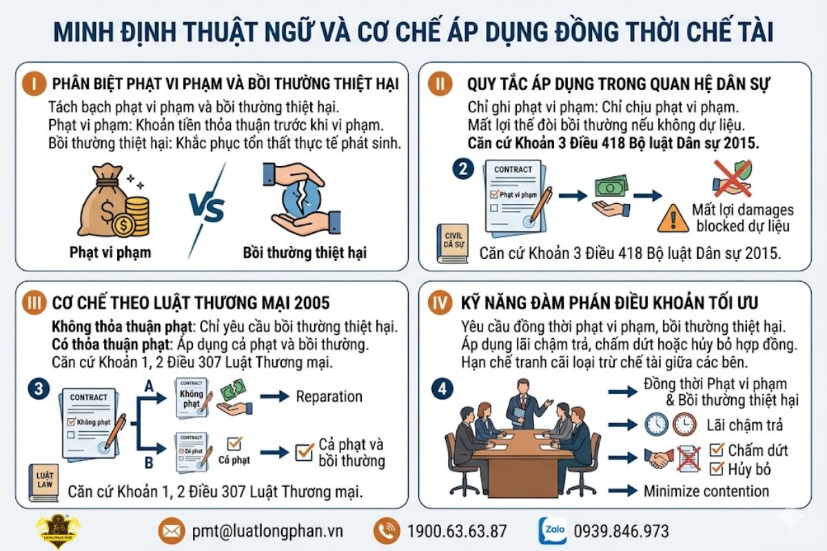  Phân biệt và cách áp dụng đồng thời phạt vi phạm hợp đồng và bồi thường thiệt hại thực tế.