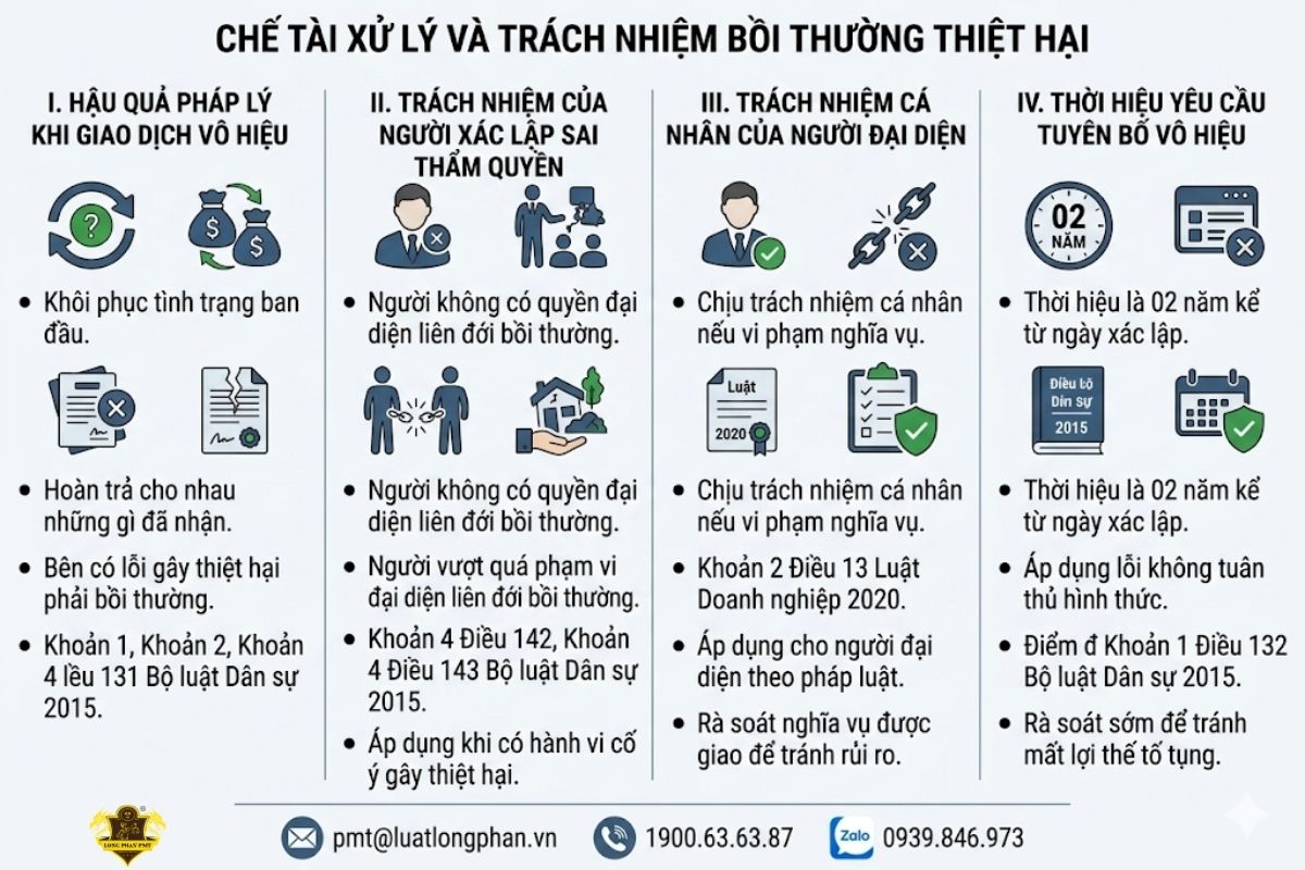Quy định về chế tài xử lý và trách nhiệm bồi thường thiệt hại khi hợp đồng vô hiệu.