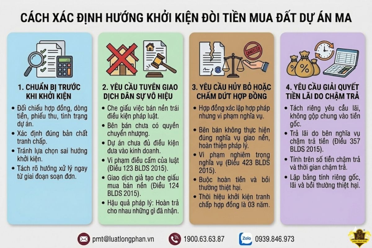 Cách xác định hướng khởi kiện đòi tiền mua đất dự án ma cho người mua.