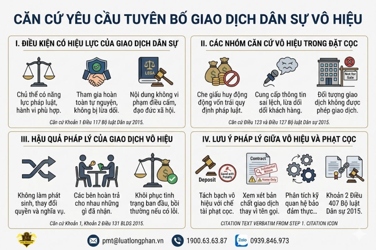 Các căn cứ pháp lý để yêu cầu Tòa án tuyên bố giao dịch vô hiệu.