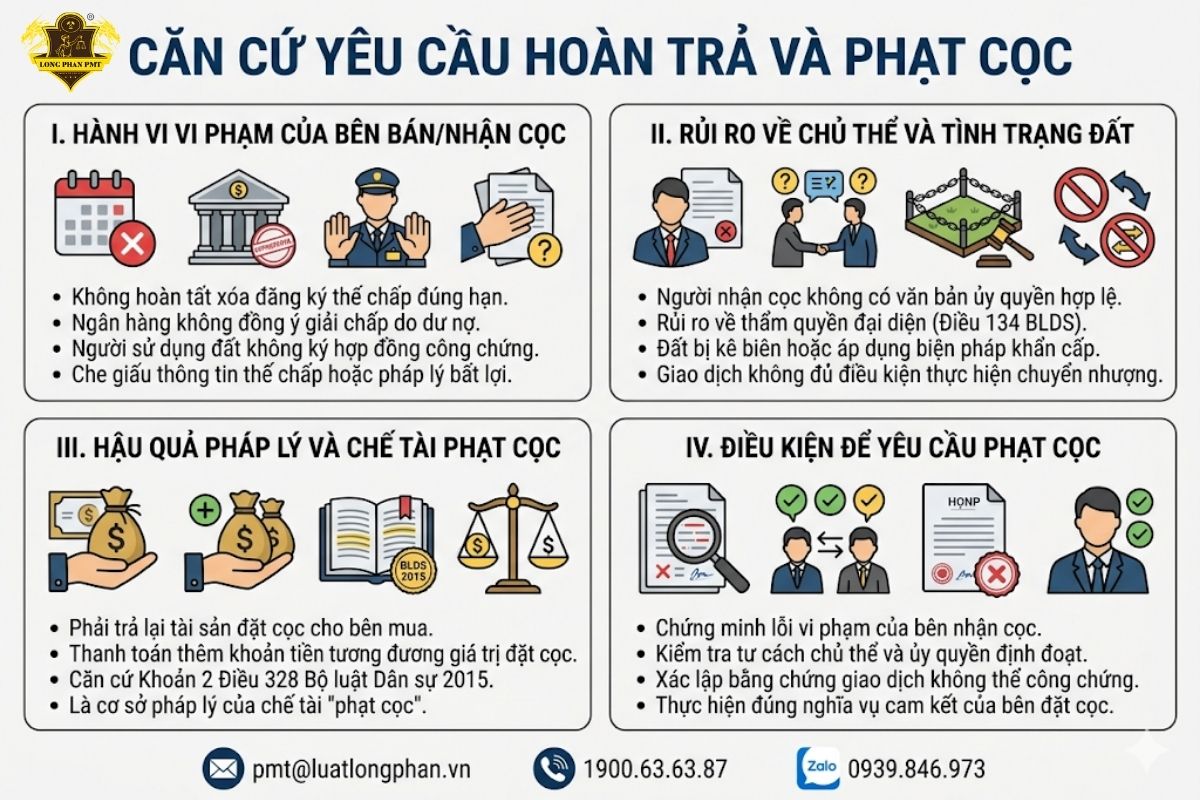Các căn cứ pháp lý để bên mua yêu cầu hoàn trả tiền cọc và phạt cọc khi bên bán vi phạm.