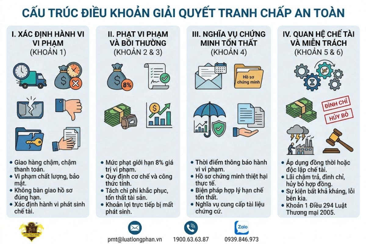 Cấu trúc 6 khoản cho một điều khoản giải quyết tranh chấp hợp đồng an toàn và chặt chẽ.