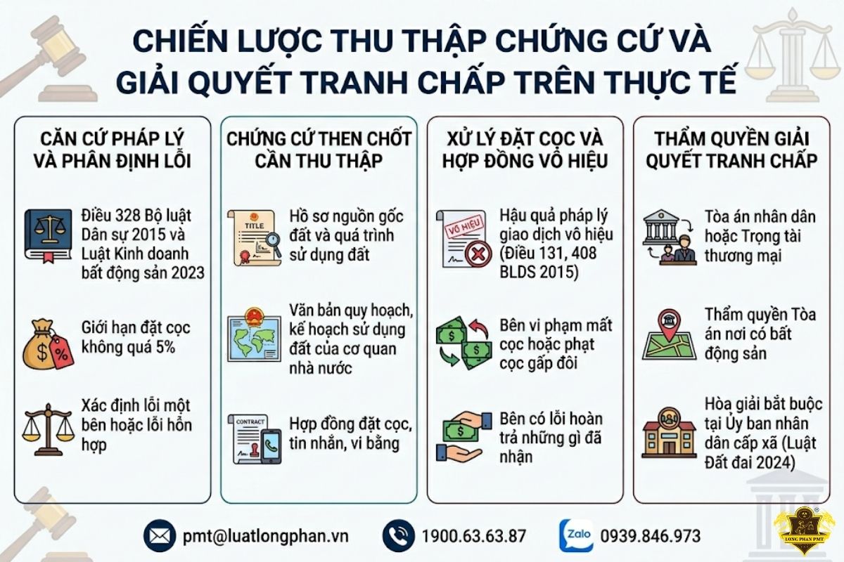 Quy trình chiến lược thu thập chứng cứ và giải quyết tranh chấp trên thực tế liên quan đến hợp đồng đặt cọc đất.