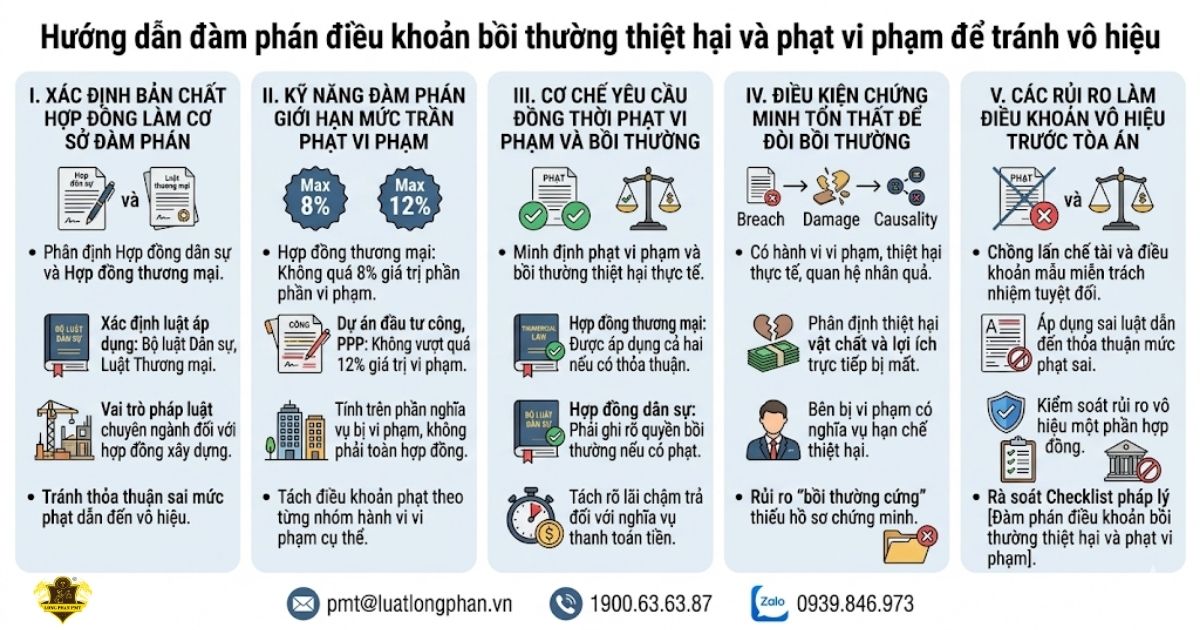 Hướng dẫn chi tiết cách đàm phán điều khoản bồi thường và phạt vi phạm để tránh bị vô hiệu.