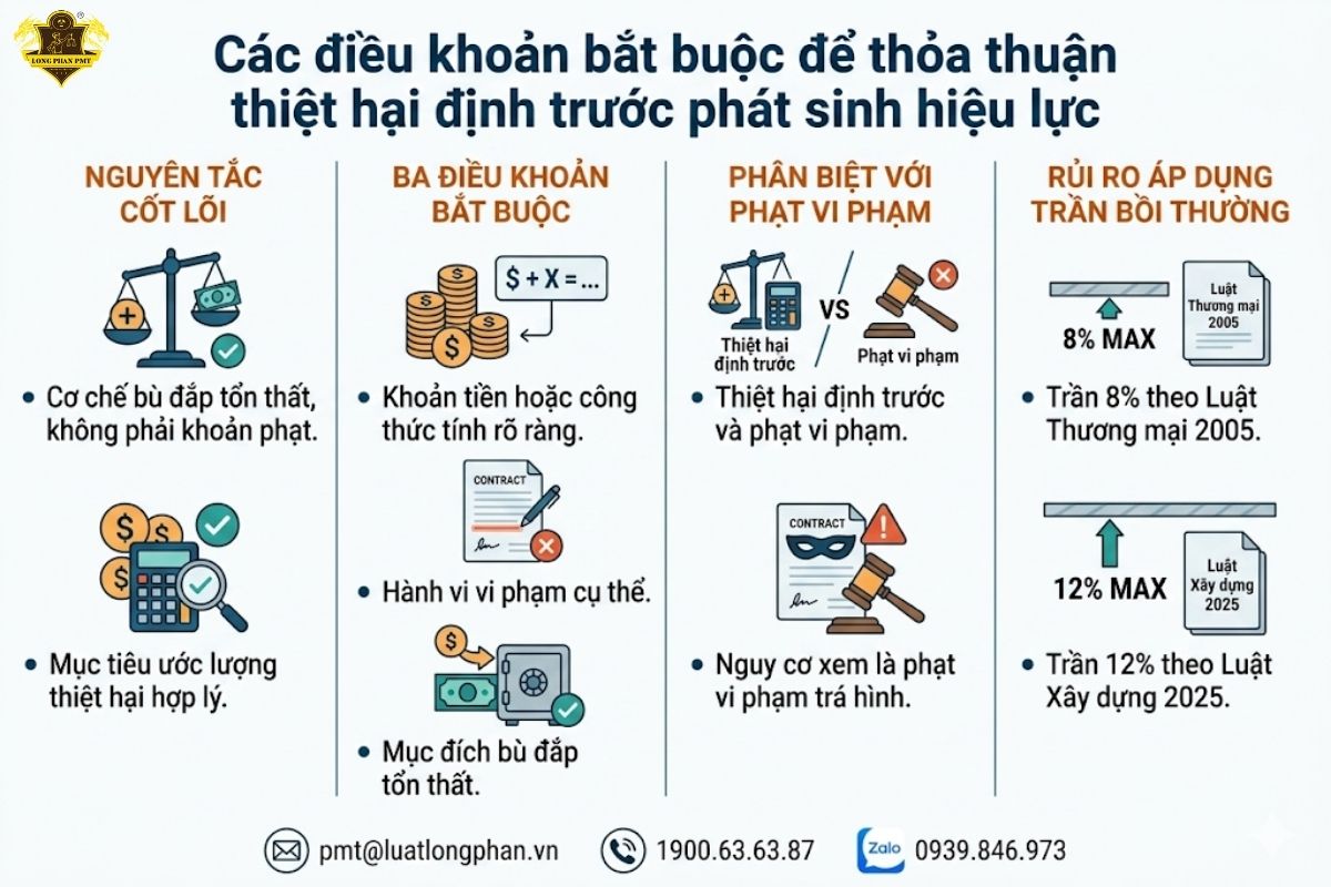các điều khoản bắt buộc để thỏa thuận thiệt hại định trước phát sinh hiệu lực pháp lý. 