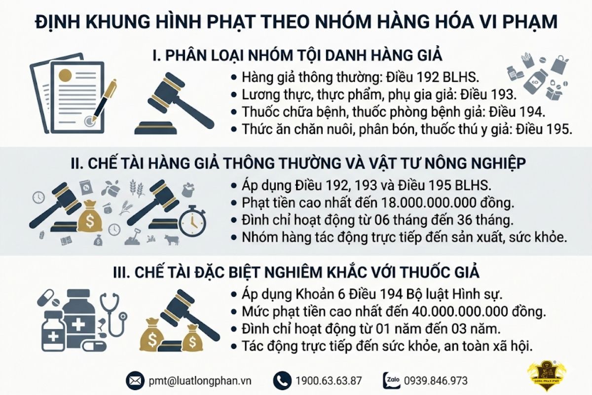 Phân loại tội danh và định khung hình phạt tiền đối với doanh nghiệp buôn bán hàng giả.