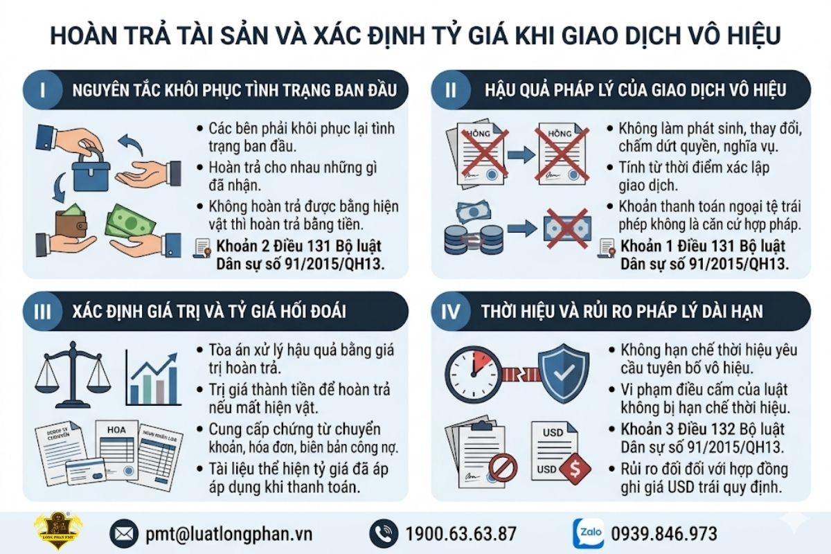 Nguyên tắc hoàn trả tài sản và xác định tỷ giá hối đoái khi giao dịch dân sự vô hiệu.