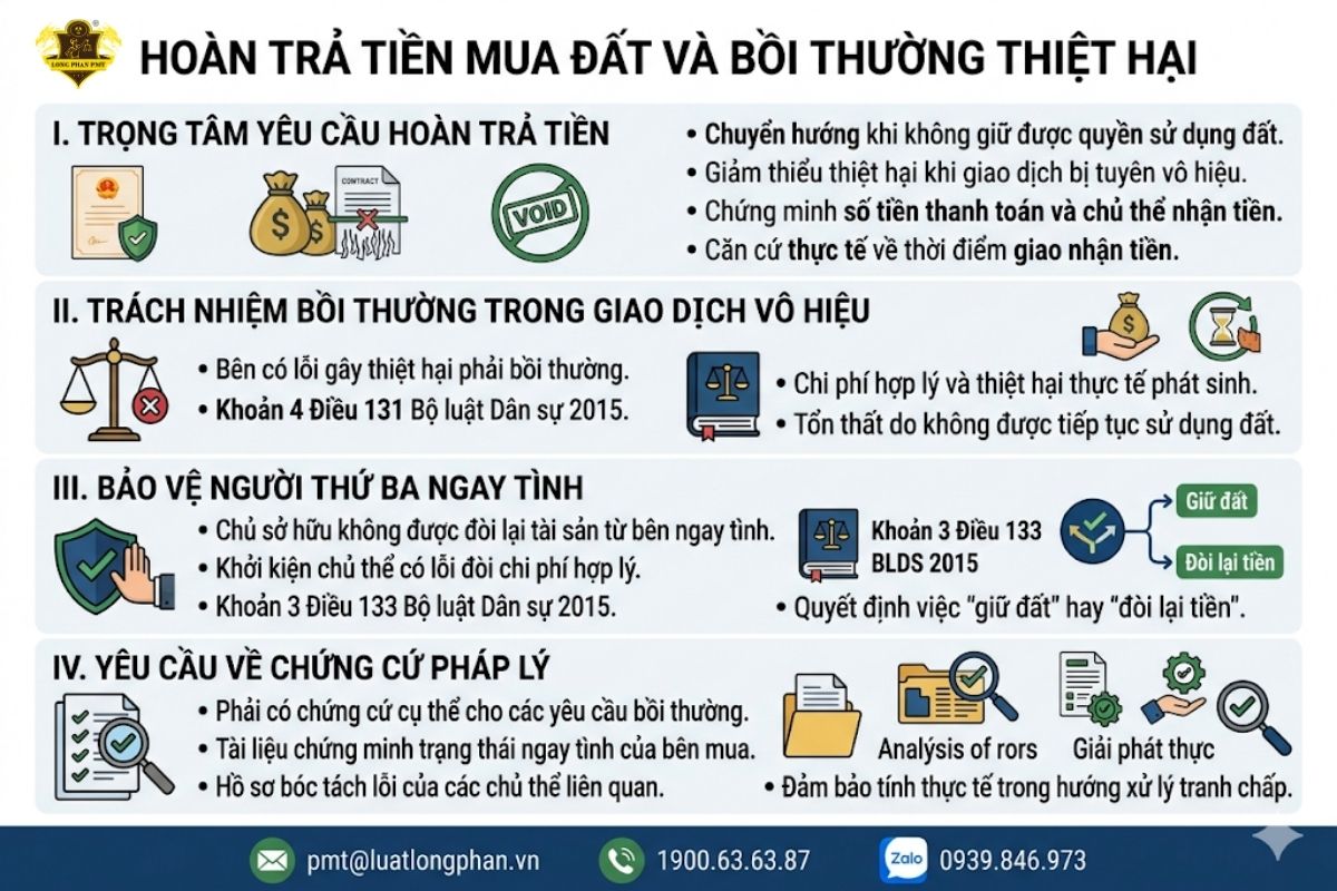 Quy trình hoàn trả tiền và trách nhiệm bồi thường khi vô hiệu giao dịch chuyển nhượng đất.