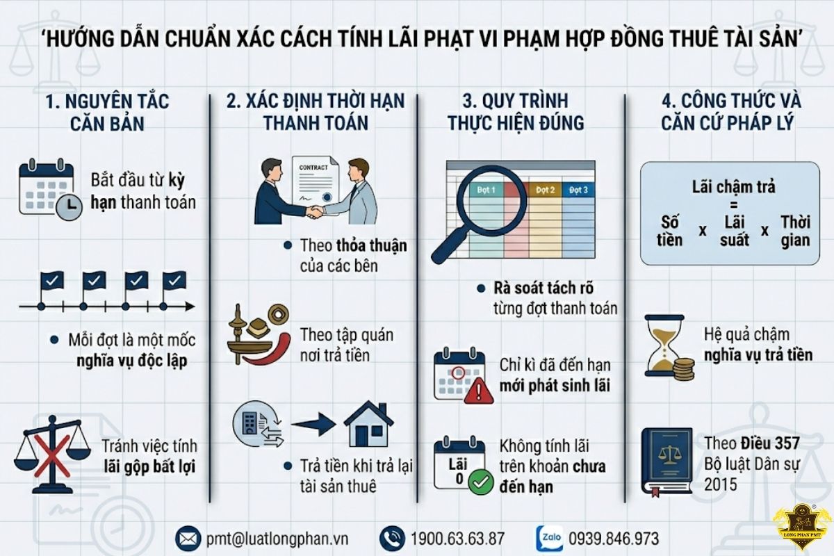 Hướng dẫn chuẩn xác cách tính lãi phạt vi phạm hợp đồng thuê tài sản theo công thức đúng pháp luật.