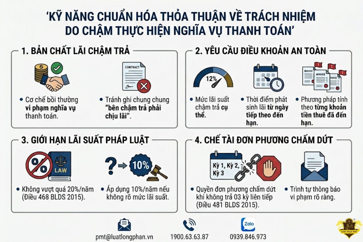 chia sẻ kỹ năng chuẩn hóa thỏa thuận về trách nhiệm do chậm thực hiện nghĩa vụ thanh toán hợp đồng.