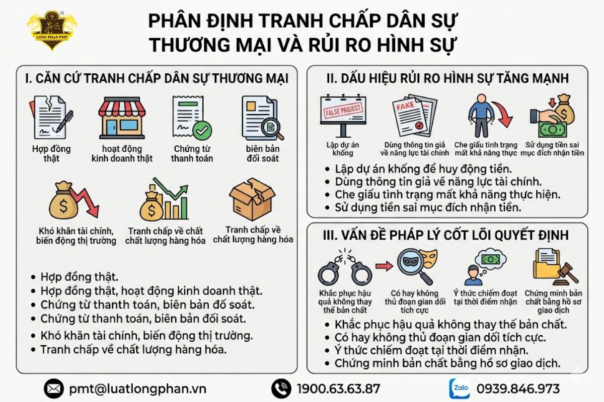Ranh giới tranh chấp dân sự và rủi ro hình sự trong giao dịch kinh tế.
