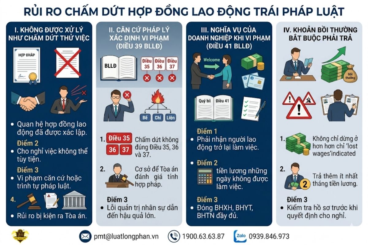 Các rủi ro bồi thường khi doanh nghiệp đơn phương chấm dứt hợp đồng lao động sai quy định.