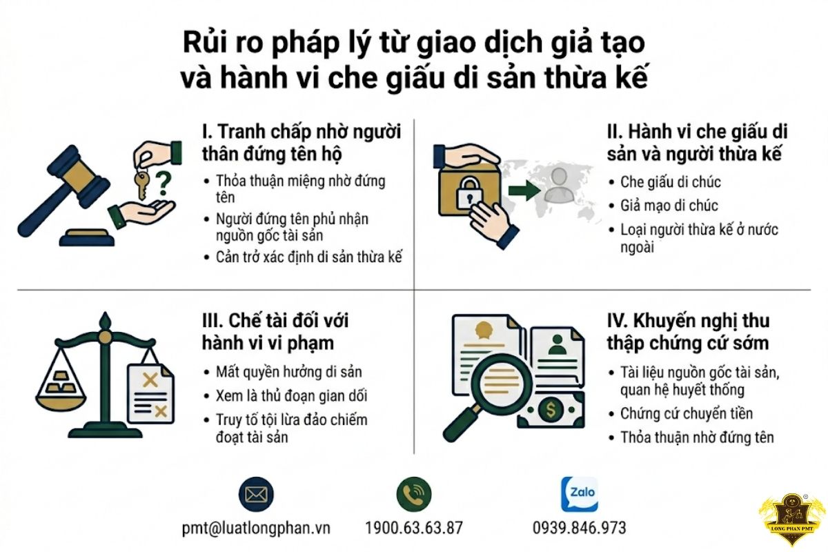 rủi ro pháp lý từ giao dịch giả tạo và hành vi che giấu di sản thừa kế.