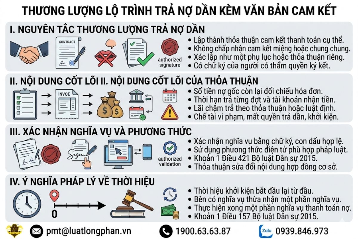 Cẩm nang các bước thực hiện thương lượng lộ trình trả nợ dần kèm văn bản cam kết cụ thể.