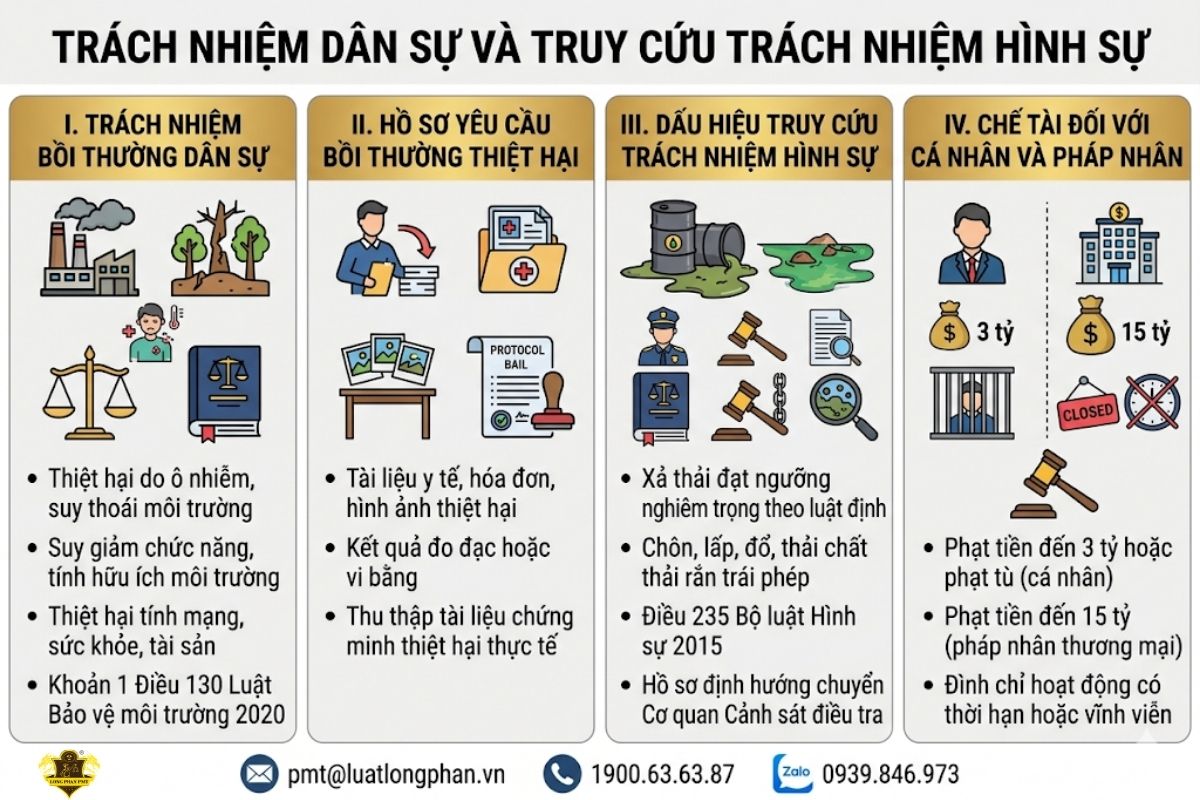 Các loại trách nhiệm dân sự và dấu hiệu truy cứu trách nhiệm hình sự đối với hành vi gây ô nhiễm.