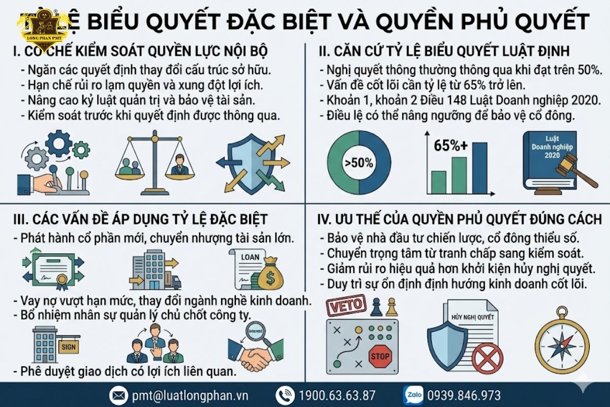Thiết lập tỷ lệ biểu quyết đặc biệt và quyền phủ quyết trong Điều lệ.