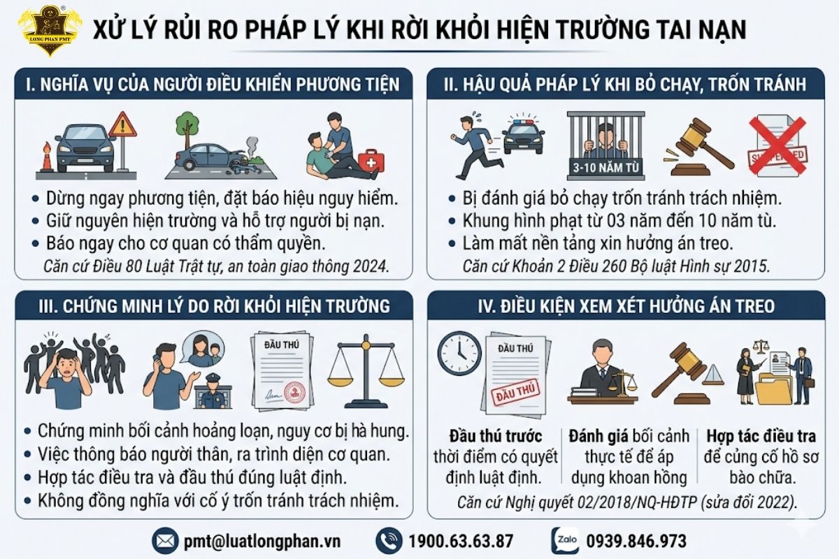 Phân tích nghĩa vụ của người điều khiển phương tiện và rủi ro khi rời khỏi hiện trường sau tai nạn.