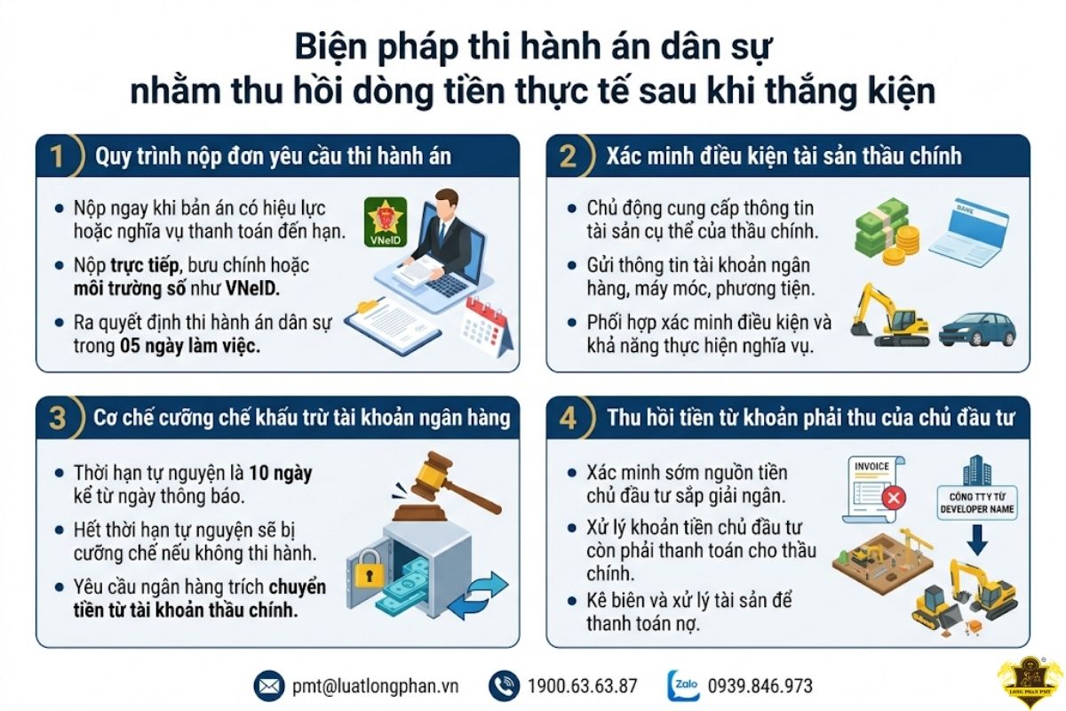 Quy trình áp dụng biện pháp thi hành án dân sự thu hồi tiền sau khi thắng kiện thầu chính.