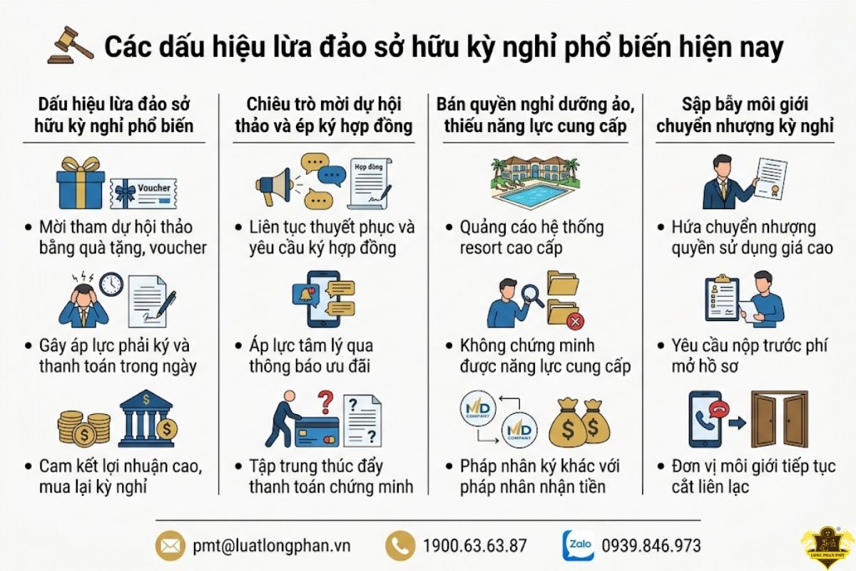 Các dấu hiệu lừa đảo sở hữu kỳ nghỉ phổ biến hiện nay qua đồ họa.