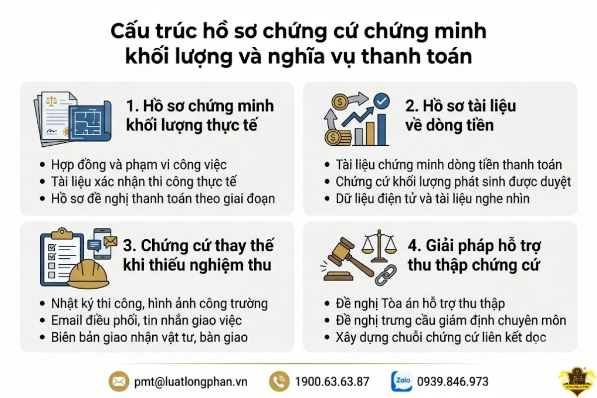 Cấu trúc hồ sơ chứng cứ chứng minh khối lượng và nghĩa vụ thanh toán khi tranh chấp.