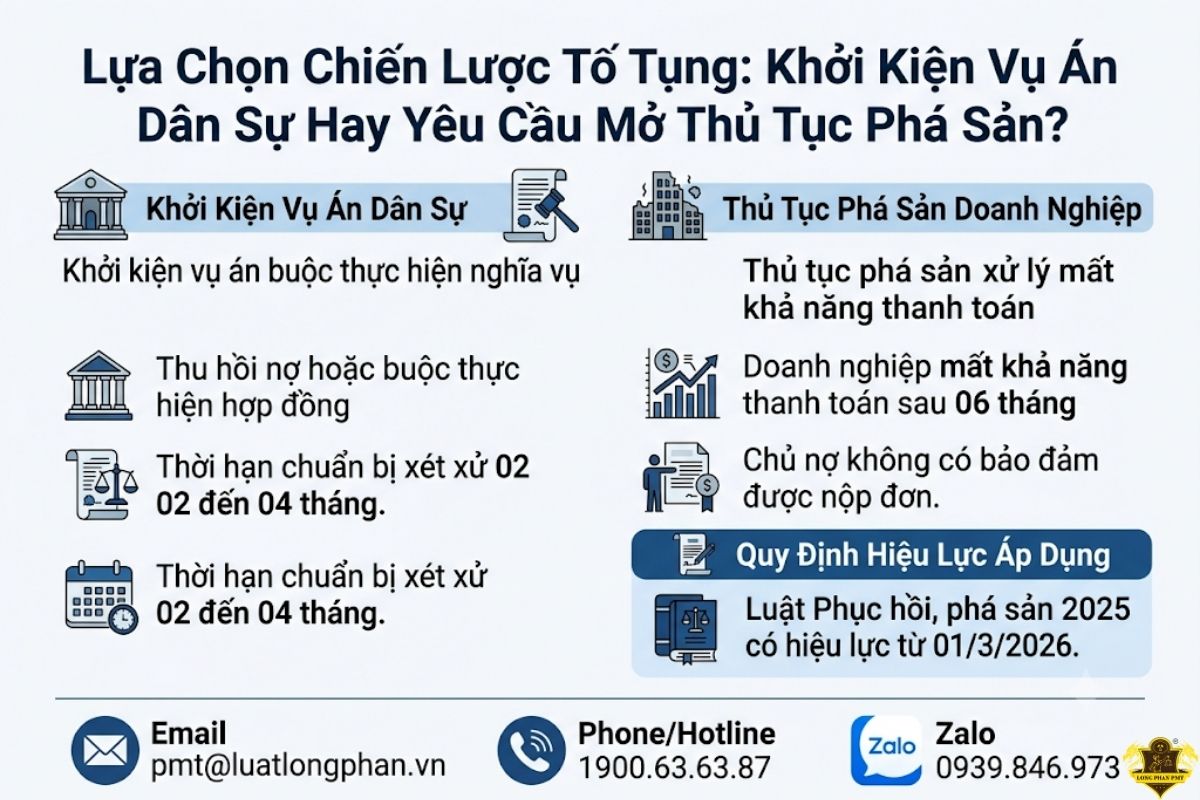 Lựa chọn chiến lược khởi kiện doanh nghiệp ngừng hoạt động hay mở thủ tục phá sản.