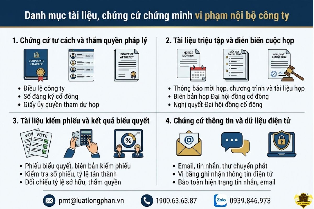 Bảng danh mục tài liệu, chứng cứ chứng minh vi phạm nội bộ công ty khi tranh chấp.