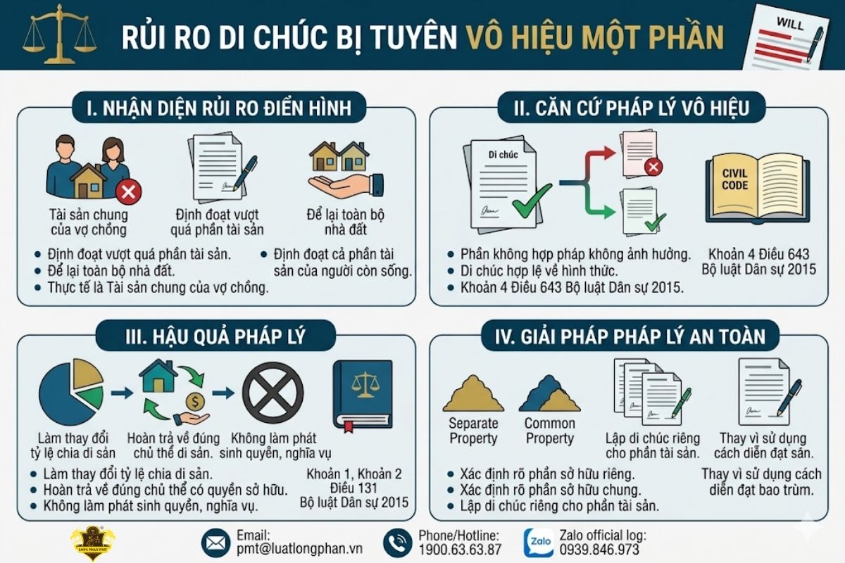 Các rủi ro pháp lý khiến di chúc vô hiệu một phần khi định đoạt nhà đất chung.