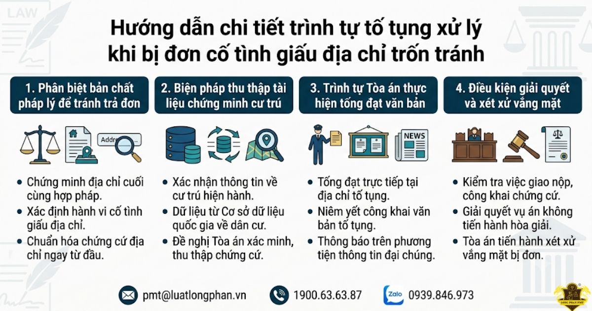 Hướng dẫn chi tiết trình tự tố tụng khi bị đơn cố tình giấu địa chỉ trốn tránh.