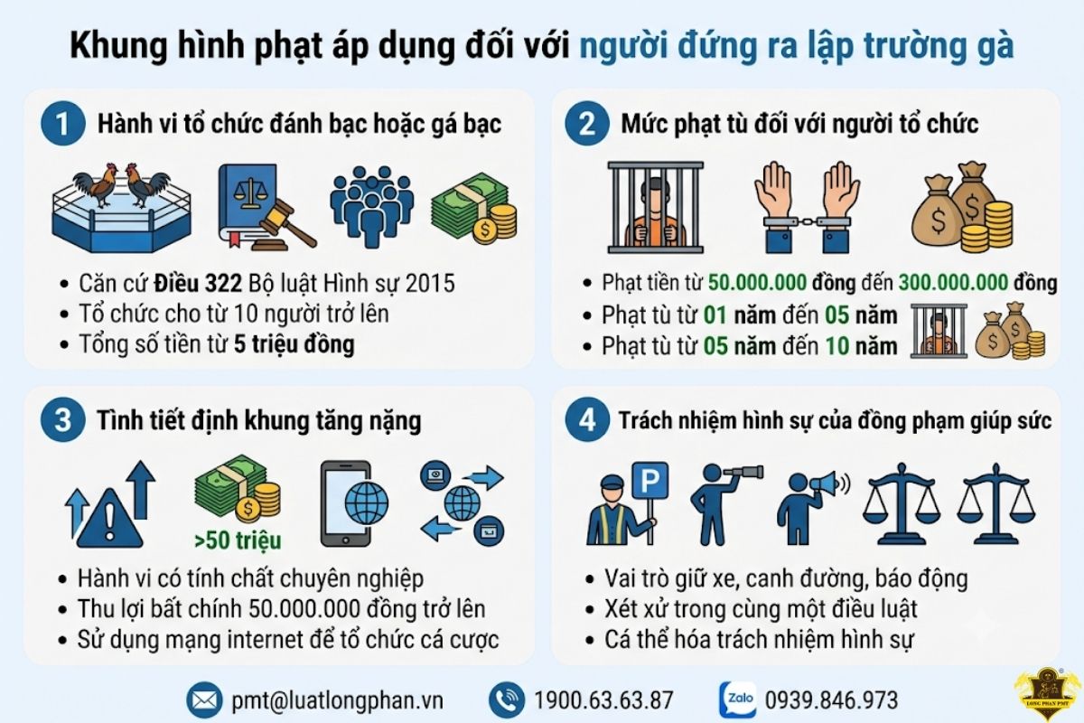  Khung hình phạt áp dụng đối với người đứng ra lập trường gà theo luật định.