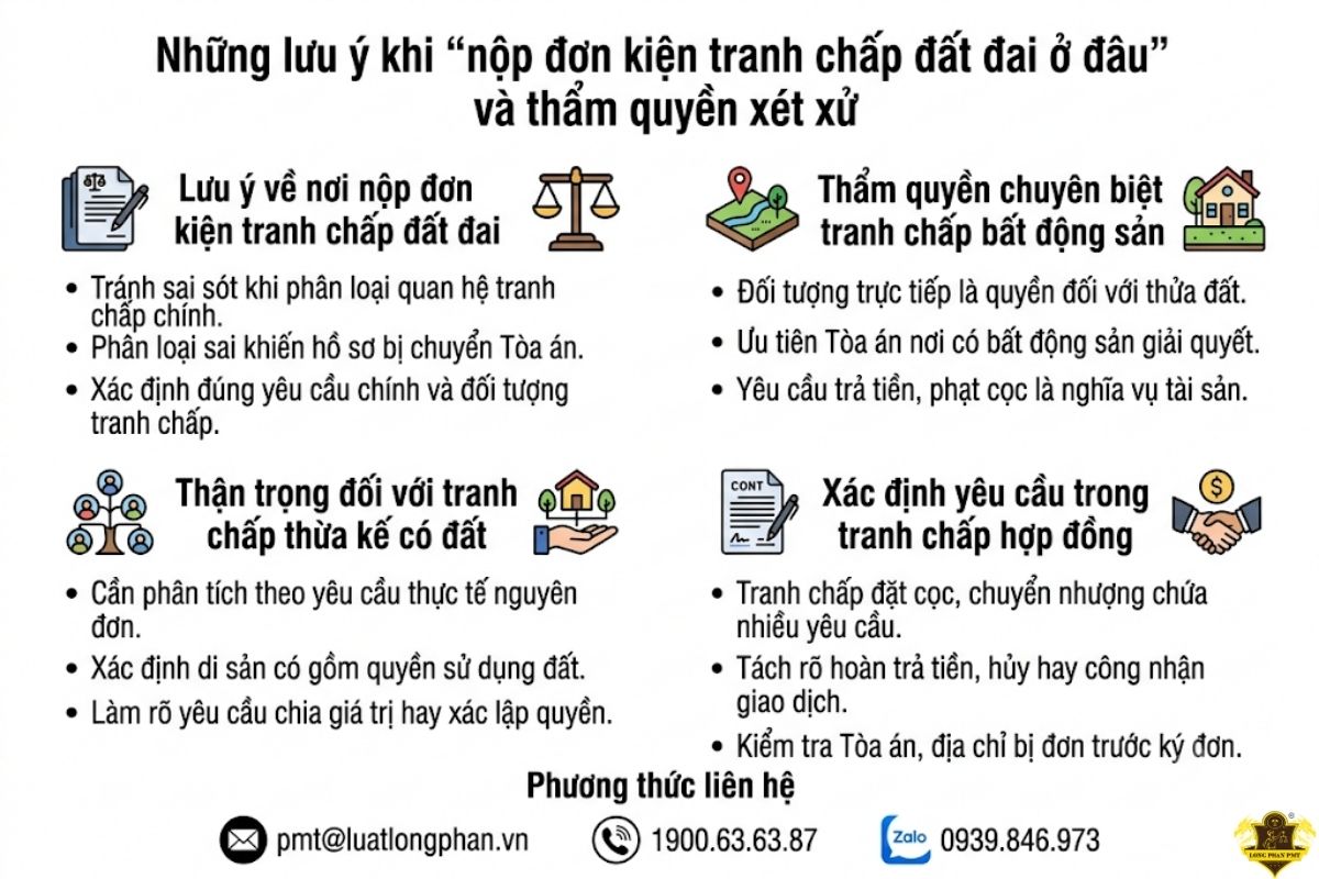 Tổng hợp những lưu ý khi nộp đơn kiện tranh chấp đất đai ở đâu và thẩm quyền xét xử.