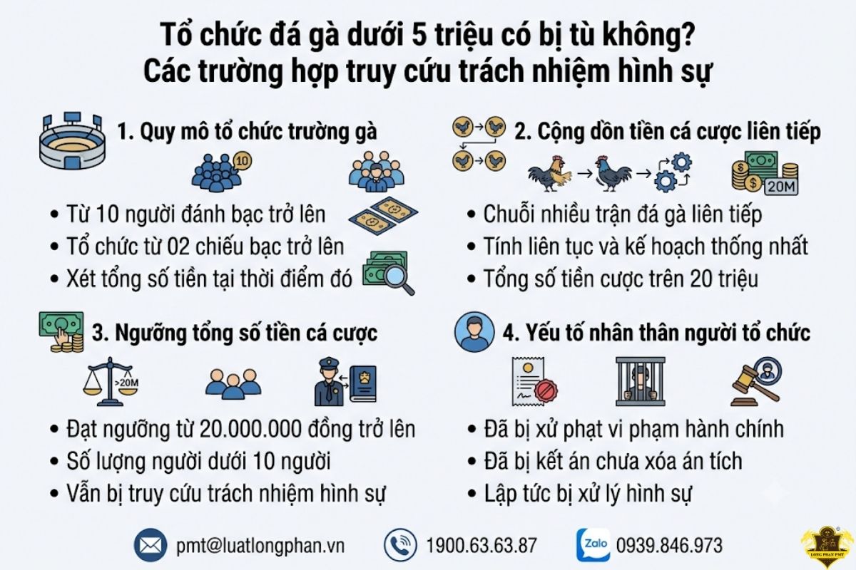 Trường hợp xử lý hình sự khi tổ chức đá gà dưới 5 triệu có bị tù.