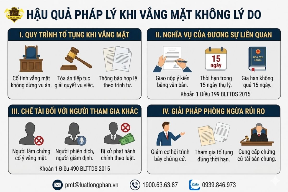 Hậu quả tố tụng đối với đương sự và người làm chứng khi vắng mặt trong tranh chấp thừa kế..