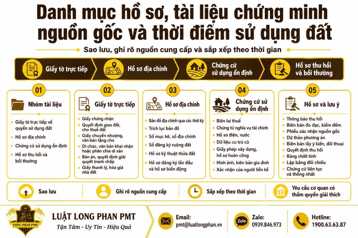 Danh mục hồ sơ chứng minh nguồn gốc và thời điểm sử dụng đất.