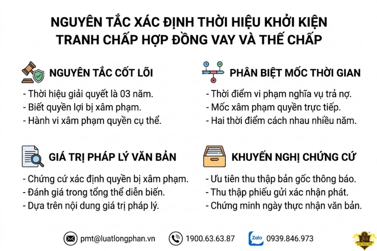 Bảng nguyên tắc xác định thời hiệu khởi kiện tranh chấp hợp đồng vay và thế chấp bảo đảm.