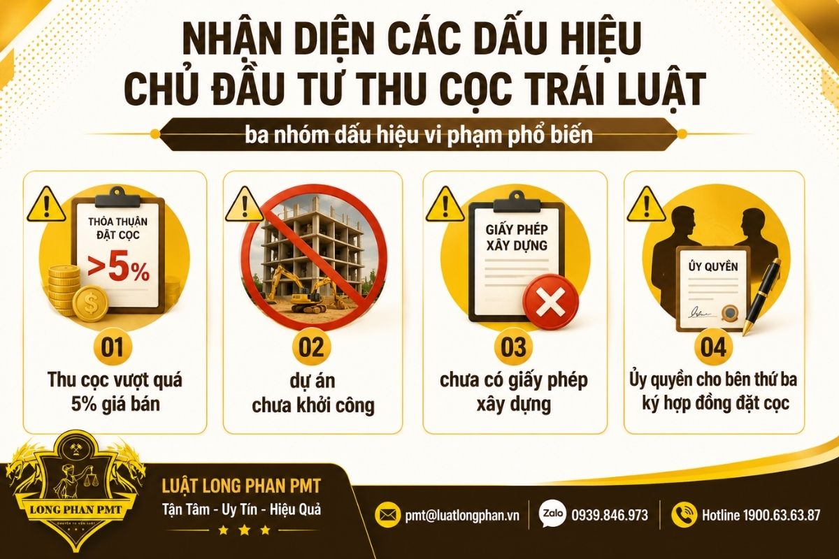 Dấu hiệu chủ đầu tư thu cọc trái luật gồm vượt 5% và dự án chưa đủ điều kiện.